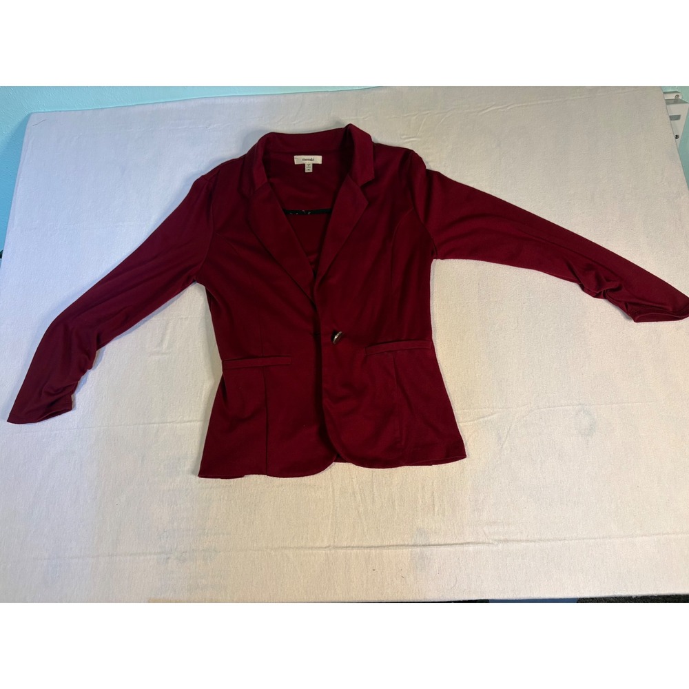 Meraki Burgundy Knit Ruched Sleeve Blazer Jacket Womens Size M 1412